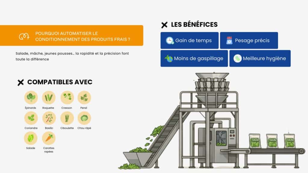 Infographie sur les avantages de l’automatisation du conditionnement salade et produits frais